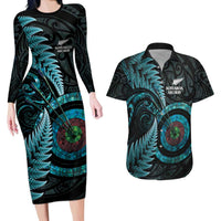 New Zealand Archery Couples Matching Long Sleeve Bodycon Dress and Hawaiian Shirt Aotearoa Silver Fern Maori LT14 Turquoise - Polynesian Pride