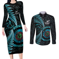 New Zealand Archery Couples Matching Long Sleeve Bodycon Dress and Long Sleeve Button Shirt Aotearoa Silver Fern Maori LT14 Turquoise - Polynesian Pride