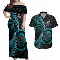New Zealand Archery Couples Matching Off Shoulder Maxi Dress and Hawaiian Shirt Aotearoa Silver Fern Maori LT14 Turquoise - Polynesian Pride