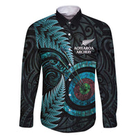 New Zealand Archery Family Matching Off Shoulder Maxi Dress and Hawaiian Shirt Aotearoa Silver Fern Maori LT14 Dad's Shirt - Long Sleeve Turquoise - Polynesian Pride