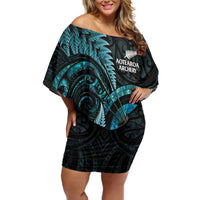 New Zealand Archery Family Matching Off Shoulder Short Dress and Hawaiian Shirt Aotearoa Silver Fern Maori LT14 Mom's Dress Turquoise - Polynesian Pride