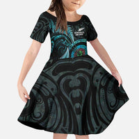 New Zealand Archery Family Matching Puletasi and Hawaiian Shirt Aotearoa Silver Fern Maori LT14 Daughter's Dress Turquoise - Polynesian Pride