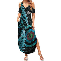 New Zealand Archery Family Matching Summer Maxi Dress and Hawaiian Shirt Aotearoa Silver Fern Maori LT14 Mom's Dress Turquoise - Polynesian Pride