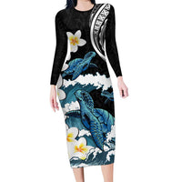 Black Polynesia Family Matching Long Sleeve Bodycon Dress and Hawaiian Shirt Polynesian Frangipani With Sea Turtles LT14 Mom's Dress Black - Polynesian Pride