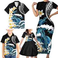 Black Polynesia Family Matching Short Sleeve Bodycon Dress and Hawaiian Shirt Polynesian Frangipani With Sea Turtles LT14 - Polynesian Pride