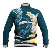 Dark Teal Polynesia Baseball Jacket Polynesian Frangipani With Sea Turtles