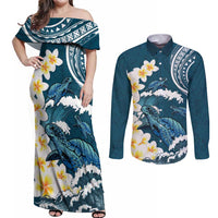 Dark Teal Polynesia Couples Matching Off Shoulder Maxi Dress and Long Sleeve Button Shirt Polynesian Frangipani With Sea Turtles