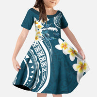 Dark Teal Polynesia Family Matching Off The Shoulder Long Sleeve Dress and Hawaiian Shirt Polynesian Frangipani With Sea Turtles LT14 Daughter's Dress Dark Teal - Polynesian Pride