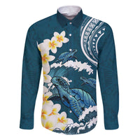 Dark Teal Polynesia Family Matching Off The Shoulder Long Sleeve Dress and Hawaiian Shirt Polynesian Frangipani With Sea Turtles LT14 Dad's Shirt - Long Sleeve Dark Teal - Polynesian Pride