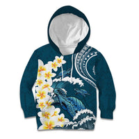 Dark Teal Polynesia Kid Hoodie Polynesian Frangipani With Sea Turtles