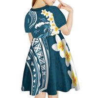 Dark Teal Polynesia Kid Short Sleeve Dress Polynesian Frangipani With Sea Turtles