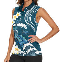 Dark Teal Polynesia Women Sleeveless Polo Shirt Polynesian Frangipani With Sea Turtles