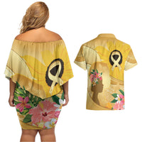 Polynesia Childhood Cancer Awareness Couples Matching Off Shoulder Short Dress and Hawaiian Shirt Be Bold Go Gold Polynesian Art