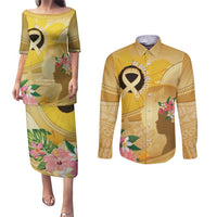 Polynesia Childhood Cancer Awareness Couples Matching Puletasi and Long Sleeve Button Shirt Be Bold Go Gold Polynesian Art