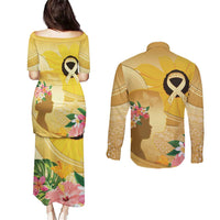 Polynesia Childhood Cancer Awareness Couples Matching Puletasi and Long Sleeve Button Shirt Be Bold Go Gold Polynesian Art