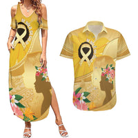 Polynesia Childhood Cancer Awareness Couples Matching Summer Maxi Dress and Hawaiian Shirt Be Bold Go Gold Polynesian Art