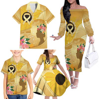 Polynesia Childhood Cancer Awareness Family Matching Off The Shoulder Long Sleeve Dress and Hawaiian Shirt Be Bold Go Gold Polynesian Art LT14 - Polynesian Pride