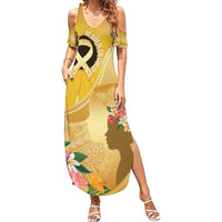 Polynesia Childhood Cancer Awareness Family Matching Summer Maxi Dress and Hawaiian Shirt Be Bold Go Gold Polynesian Art LT14 Mom's Dress Gold - Polynesian Pride