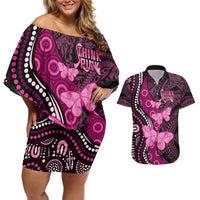 Think Pink Breast Cancer Awareness Couples Matching Off Shoulder Short Dress and Hawaiian Shirt Butterfly Aboriginal Mix Polynesian Pattern LT14 Pink - Polynesian Pride