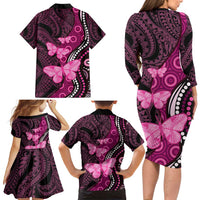 Think Pink Breast Cancer Awareness Family Matching Long Sleeve Bodycon Dress and Hawaiian Shirt Butterfly Aboriginal Mix Polynesian Pattern LT14 - Polynesian Pride