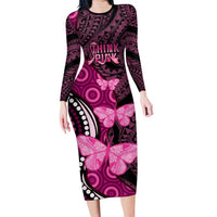 Think Pink Breast Cancer Awareness Family Matching Long Sleeve Bodycon Dress and Hawaiian Shirt Butterfly Aboriginal Mix Polynesian Pattern LT14 Mom's Dress Pink - Polynesian Pride