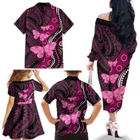 Think Pink Breast Cancer Awareness Family Matching Off The Shoulder Long Sleeve Dress and Hawaiian Shirt Butterfly Aboriginal Mix Polynesian Pattern LT14 - Polynesian Pride
