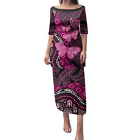 Think Pink Breast Cancer Awareness Family Matching Puletasi and Hawaiian Shirt Butterfly Aboriginal Mix Polynesian Pattern