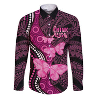 Think Pink Breast Cancer Awareness Family Matching Short Sleeve Bodycon Dress and Hawaiian Shirt Butterfly Aboriginal Mix Polynesian Pattern LT14 Dad's Shirt - Long Sleeve Pink - Polynesian Pride