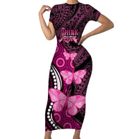 Think Pink Breast Cancer Awareness Family Matching Short Sleeve Bodycon Dress and Hawaiian Shirt Butterfly Aboriginal Mix Polynesian Pattern LT14 Mom's Dress Pink - Polynesian Pride