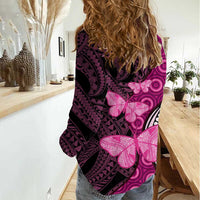Think Pink Breast Cancer Awareness Women Casual Shirt Butterfly Aboriginal Mix Polynesian Pattern LT14 - Polynesian Pride