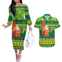 Cook Islands Christmas Couples Matching Off The Shoulder Long Sleeve Dress and Hawaiian Shirt Surfing Santa Mere Kiritimiti LT14 Green - Polynesian Pride