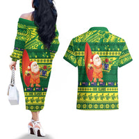 Cook Islands Christmas Couples Matching Off The Shoulder Long Sleeve Dress and Hawaiian Shirt Surfing Santa Mere Kiritimiti LT14 - Polynesian Pride