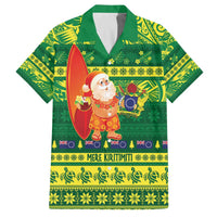 Cook Islands Christmas Family Matching Off The Shoulder Long Sleeve Dress and Hawaiian Shirt Surfing Santa Mere Kiritimiti LT14 Dad's Shirt - Short Sleeve Green - Polynesian Pride