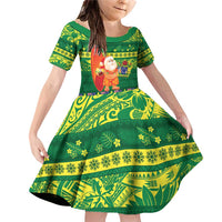 Cook Islands Christmas Family Matching Off Shoulder Short Dress and Hawaiian Shirt Surfing Santa Mere Kiritimiti LT14 Daughter's Dress Green - Polynesian Pride