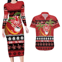 French Polynesia Christmas Couples Matching Long Sleeve Bodycon Dress and Hawaiian Shirt Tiare Chilling Santa Oaoa I teie Noera LT14 Red - Polynesian Pride