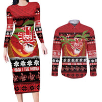 French Polynesia Christmas Couples Matching Long Sleeve Bodycon Dress and Long Sleeve Button Shirt Tiare Chilling Santa Oaoa I teie Noera LT14 Red - Polynesian Pride
