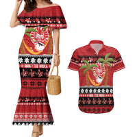 French Polynesia Christmas Couples Matching Mermaid Dress and Hawaiian Shirt Tiare Chilling Santa Oaoa I teie Noera LT14 Red - Polynesian Pride