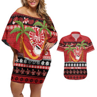 French Polynesia Christmas Couples Matching Off Shoulder Short Dress and Hawaiian Shirt Tiare Chilling Santa Oaoa I teie Noera LT14 Red - Polynesian Pride