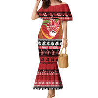 French Polynesia Christmas Family Matching Mermaid Dress and Hawaiian Shirt Tiare Chilling Santa Oaoa I teie Noera LT14 Mom's Dress Red - Polynesian Pride