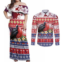 Kiribati Christmas Couples Matching Off Shoulder Maxi Dress and Long Sleeve Button Shirt Frigatebird Santa Tekeraoi n te Kiritimati LT14 Red - Polynesian Pride