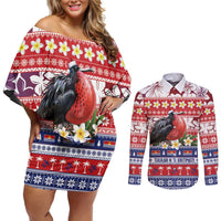 Kiribati Christmas Couples Matching Off Shoulder Short Dress and Long Sleeve Button Shirt Frigatebird Santa Tekeraoi n te Kiritimati LT14 Red - Polynesian Pride