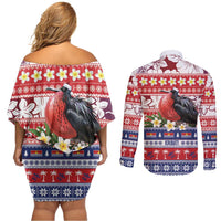 Kiribati Christmas Couples Matching Off Shoulder Short Dress and Long Sleeve Button Shirt Frigatebird Santa Tekeraoi n te Kiritimati LT14 - Polynesian Pride