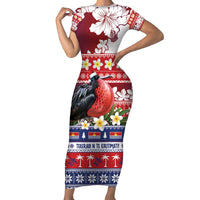 Kiribati Christmas Family Matching Short Sleeve Bodycon Dress and Hawaiian Shirt Frigatebird Santa Tekeraoi n te Kiritimati LT14 Mom's Dress Red - Polynesian Pride