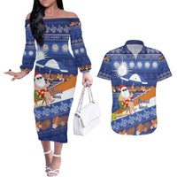 Marshall Islands Christmas Couples Matching Off The Shoulder Long Sleeve Dress and Hawaiian Shirt Beachy Santa Monono ilo raaneoan Nejin LT14 Blue - Polynesian Pride