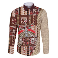 Samoa Tapau Family Matching Tank Maxi Dress and Hawaiian Shirt Samoan Siapo Pattern LT14 Dad's Shirt - Long Sleeve Brown - Polynesian Pride