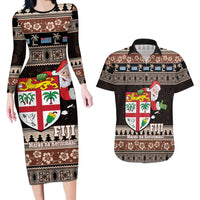 Fiji Christmas Couples Matching Long Sleeve Bodycon Dress and Hawaiian Shirt Fijian Masi Marau na Kerisimasi! - Brown LT14 Brown - Polynesian Pride