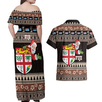 Fiji Christmas Couples Matching Off Shoulder Maxi Dress and Hawaiian Shirt Fijian Masi Marau na Kerisimasi! - Brown LT14 - Polynesian Pride