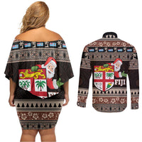 Fiji Christmas Couples Matching Off Shoulder Short Dress and Long Sleeve Button Shirt Fijian Masi Marau na Kerisimasi! - Brown LT14 - Polynesian Pride