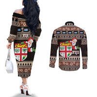 Fiji Christmas Couples Matching Off The Shoulder Long Sleeve Dress and Long Sleeve Button Shirt Fijian Masi Marau na Kerisimasi! - Brown LT14 - Polynesian Pride