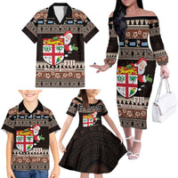 Fiji Christmas Family Matching Off The Shoulder Long Sleeve Dress and Hawaiian Shirt Fijian Masi Marau na Kerisimasi! - Brown LT14 - Polynesian Pride
